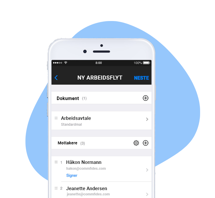 Bilde av en mobiltelefon og en signeringsflyt av en avtale.