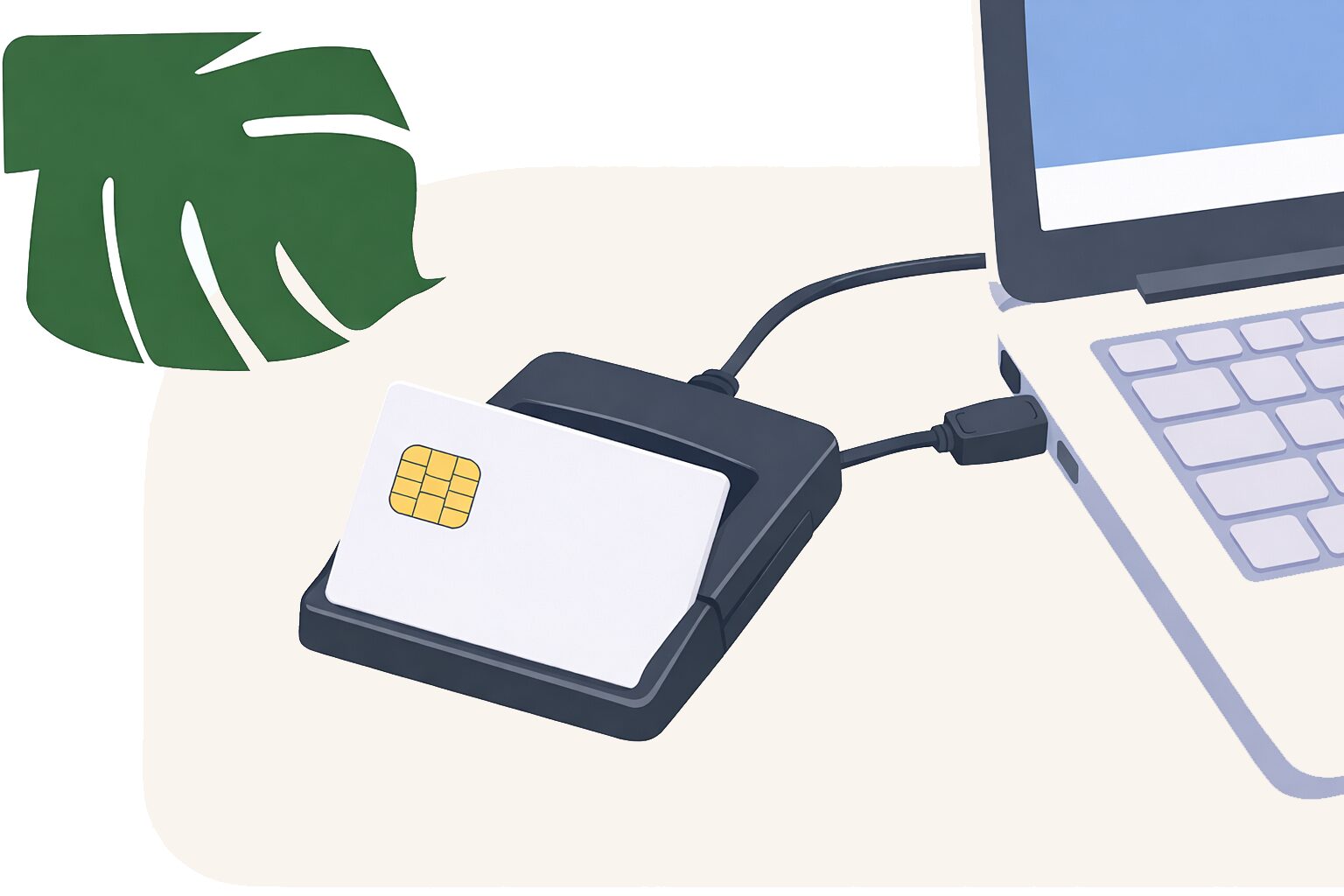 Ett smartkort i en kortläsare kopplat till en arbetsdator.