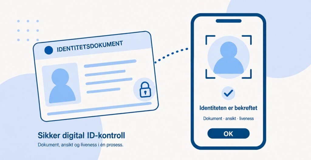 Bilde som viser et identitetsbevis og en mobiltelefon som ved ansiktsbiometri bekrefter brukerens identitet. Prosessen kalles sikker digital ID-kontroll.